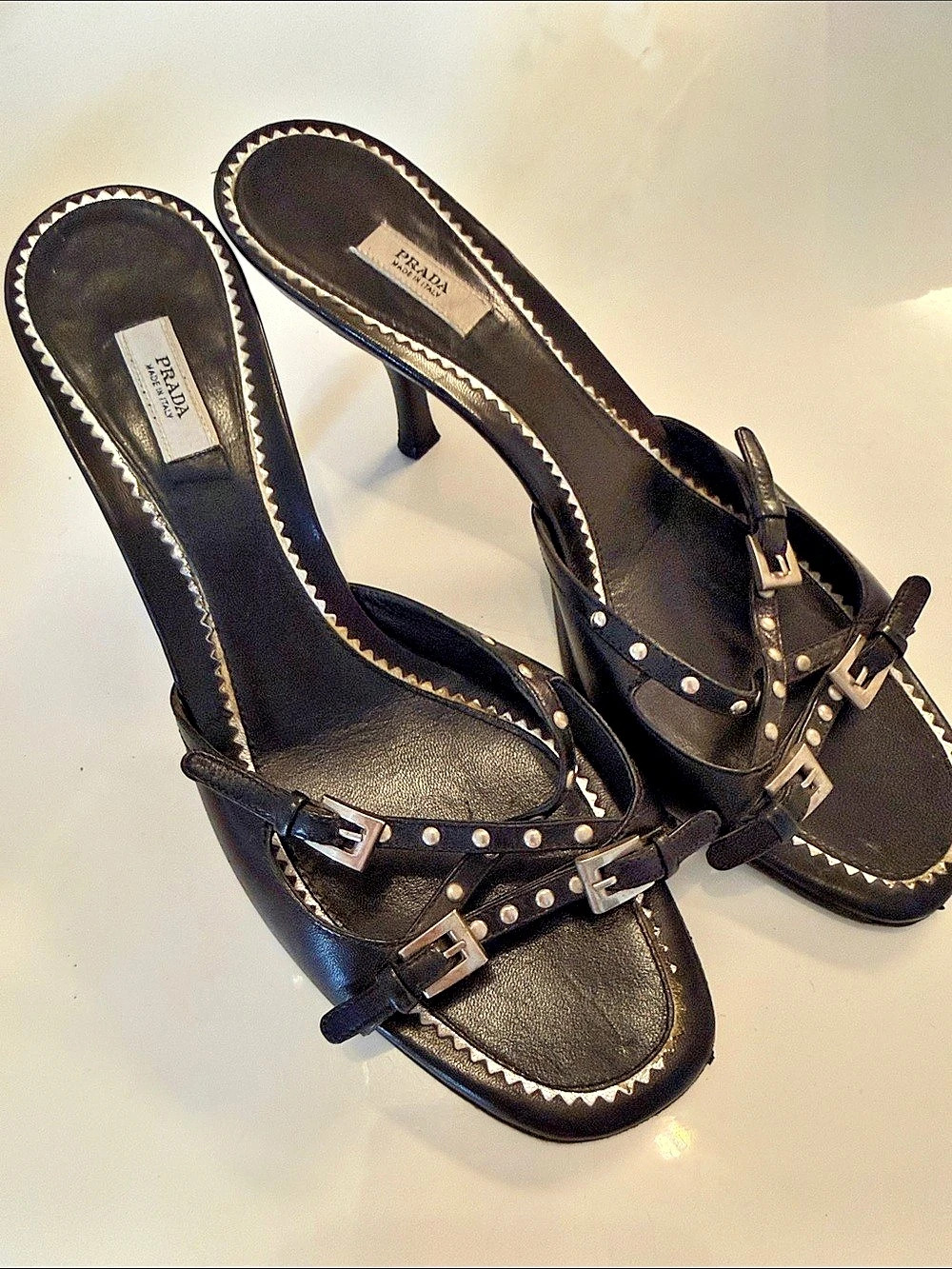 Prada Studded Buckle Heels in Black EU 38